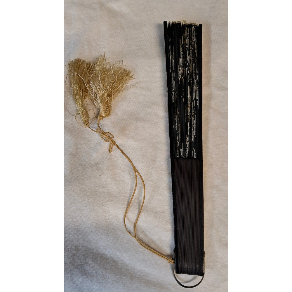 Vintage Black Floral Folding Hand Fan Mother of Pearl Guards Gold Tassel (SB)